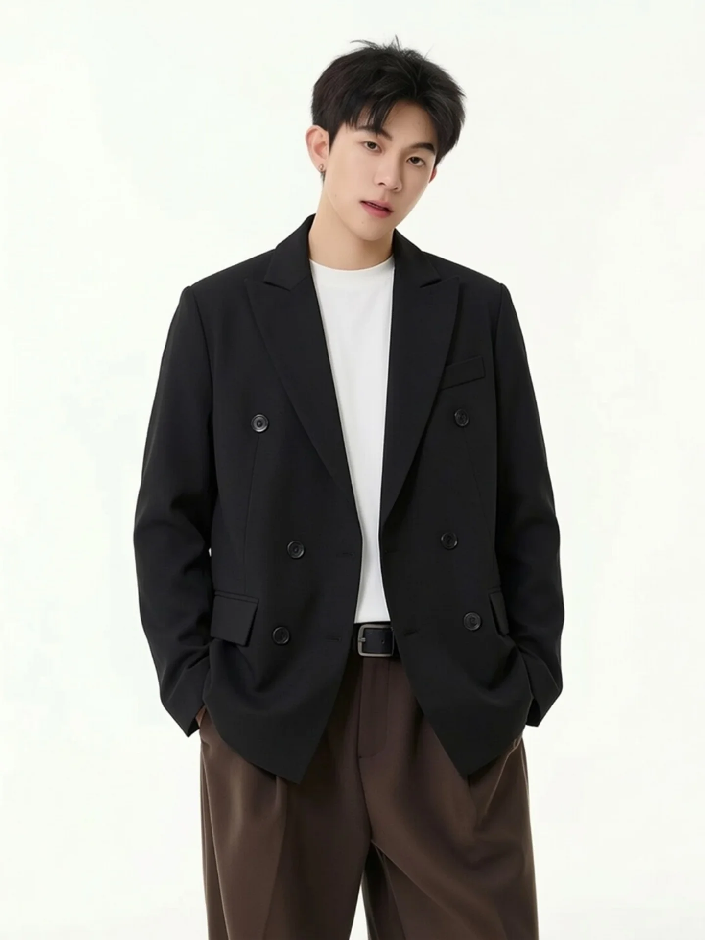 Casual Black Suit Jacket Men's Simple Stylish Large Size Leisure Style Korean Version Spring Autumn Season Zipper Closure