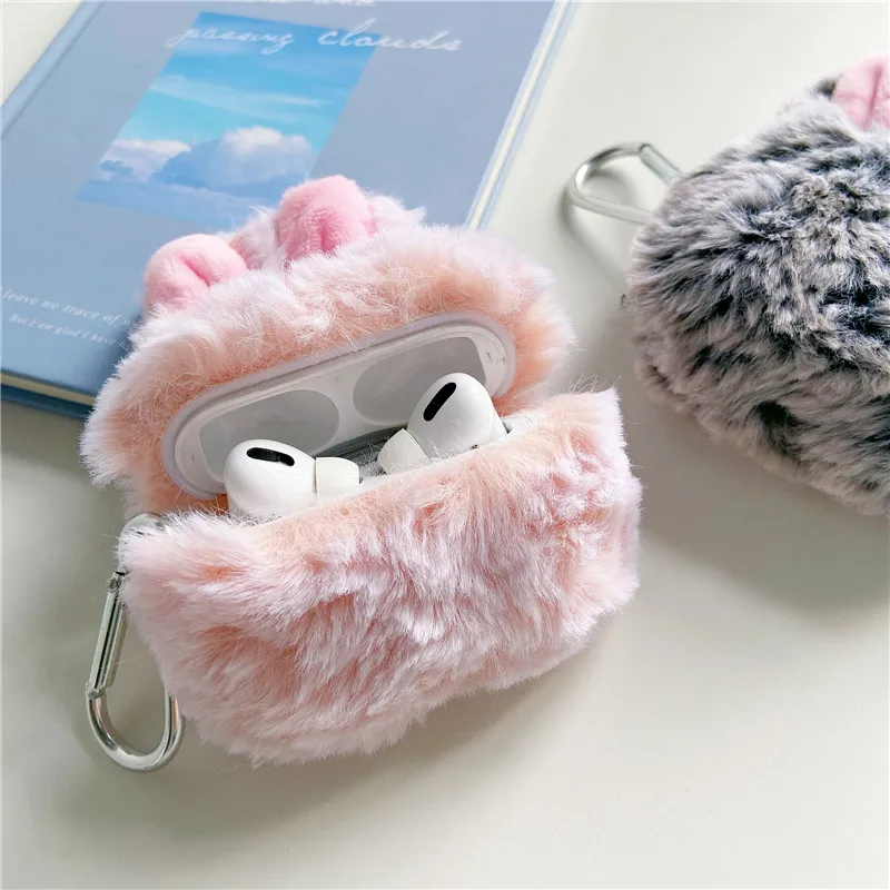 Custodia per auricolari in pelliccia con orecchie di coniglio 3D carina per Airpods 3 2 1 Pro2 Divertente soffice peluche copertura calda per Air