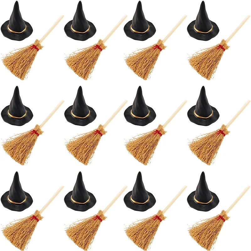 12PCS Mini Witch Hat Broom Ornaments Halloween Miniature Wizard Hat Broom Set for Dollhouse Party Cake Decor
