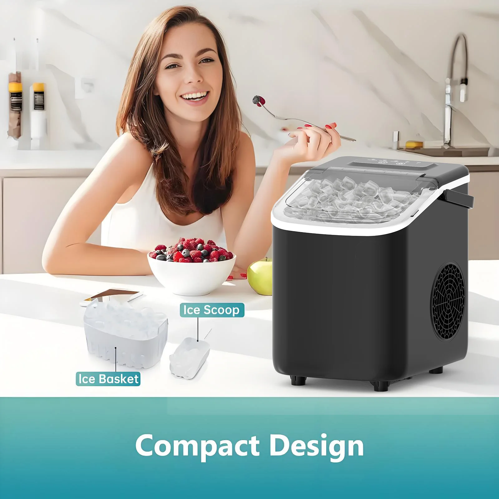 STLF Durable countertop ice maker that provides consistent bullet-like ice cube output with energy-saving mode and LED