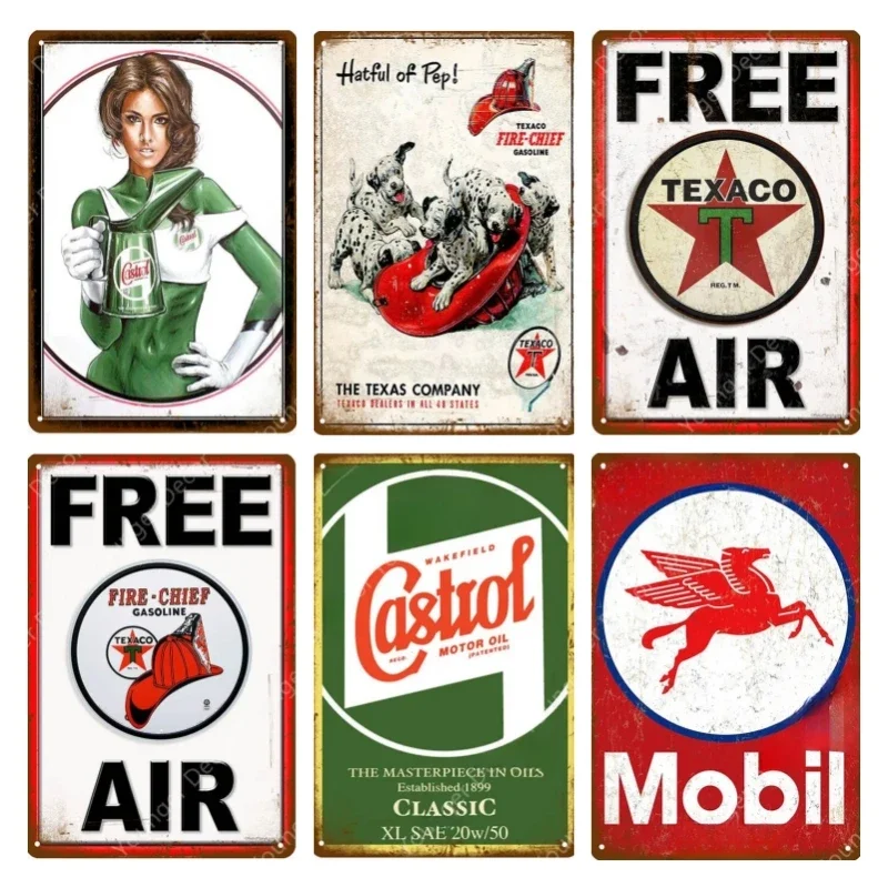 Vintage Texaco Motor Oil Signs Sky Chief Castrol Metal Poster Wall Art Painting Plate Garage Gas Gasoline Station Decor