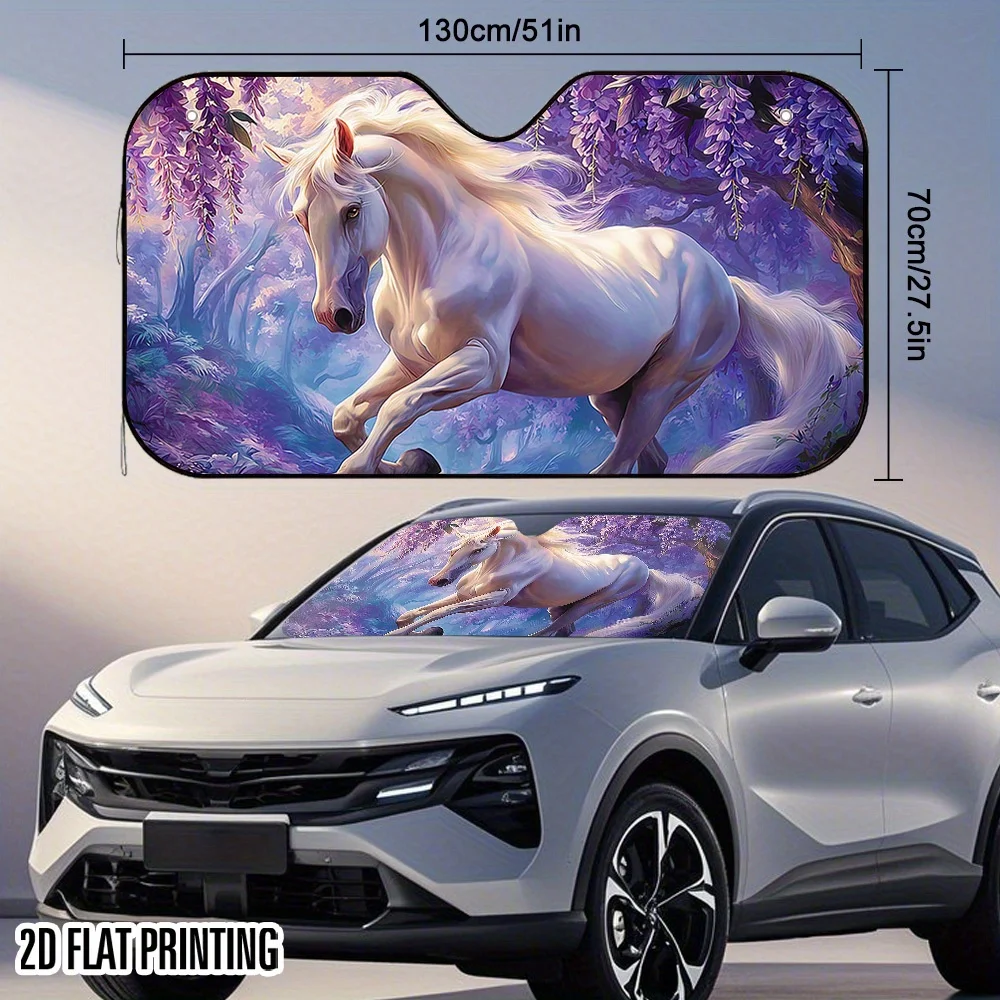 1pc 2D Flat White Horse Wonderland Design Car Sunshade – Stylish & Efficient, Includes 4 Suction Cups, Foldable For Convenience,