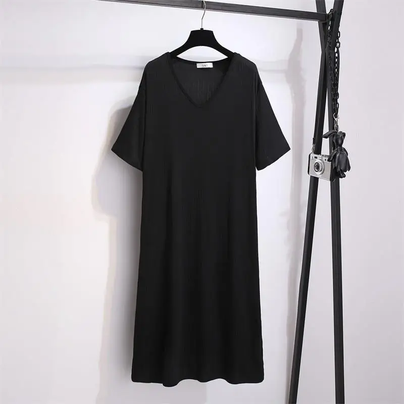 

Women Clothing Ice Silk Plus Size Solid T Shirt Dress Summer Short Sleeve V Neck Simplicity Vintage Midi Dress Casual Fashion