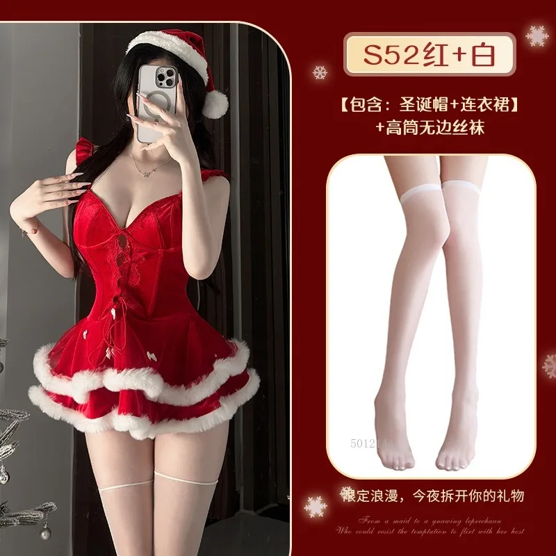 

2026 New Christmas Santa Claus Uniform Outfits Women Bow Red Velvet Dress Hat Xmas Cosplay Costume
