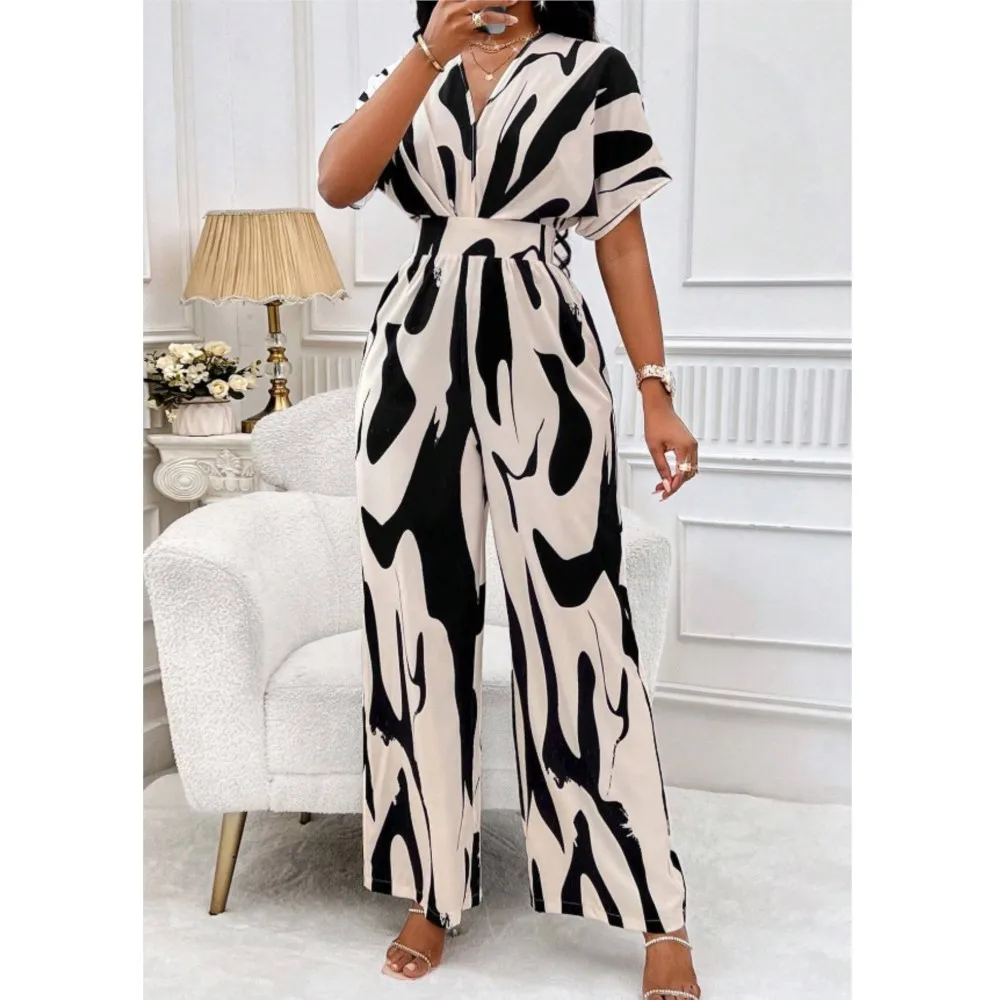 Spring Summer New Printed Short Sleeve For Women\'s Jumpsuit Fashion Waist Slim Simple Elegant Female Office Jumpsuit Pants