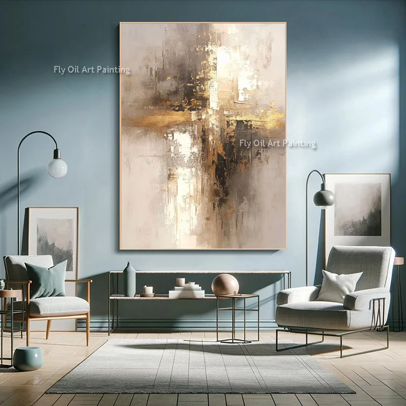 Brown Yellow Minimalism Sytle Oil Painting On Canvas New Popular Hand Drawn Grey Beige Abstract Home Wall Art Decor Item