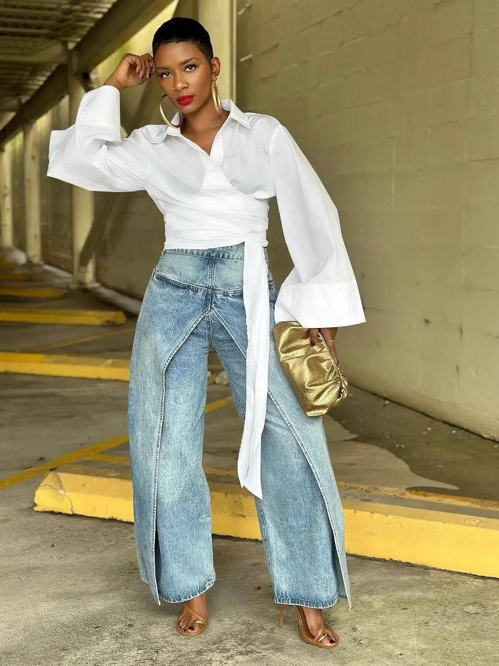 

Loose Fit High Waist Straight Leg Denim Pants Women's Fake Two-Piece Patchwork Hip Hop Sle Cotton Stretch Blue Jeans