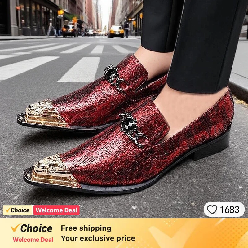 

2025 Real Leather Men party Shoes Gold Metal Pointed Toe Gentleman Business Brogue Glitter