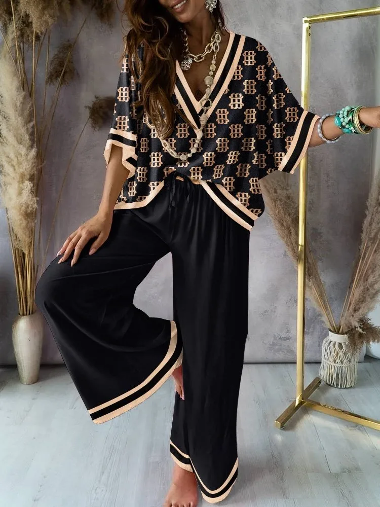 

Shirt Pants Set Women Summer Fashion Print Blouse & Trousers Two Piece Sets For Women Casual Loose Wide Leg Pants Outfit 2024