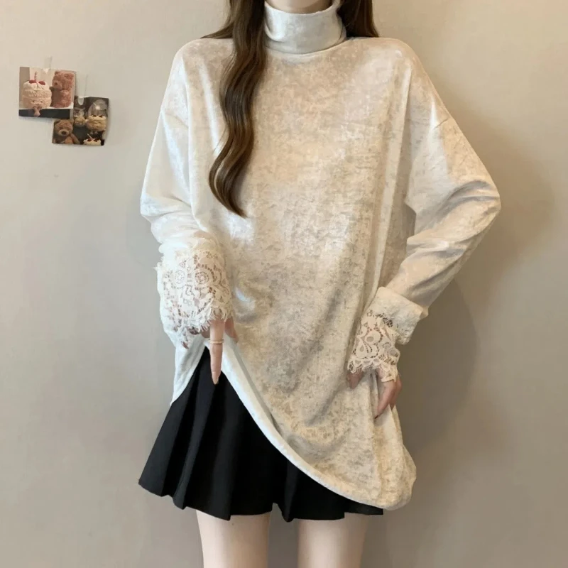 

Korean Fashion Lace Women Clothing Turtleneck T-Shirts Bottoming Vintage Female Spring Autumn New Loose Casual Long Sleeve Tops