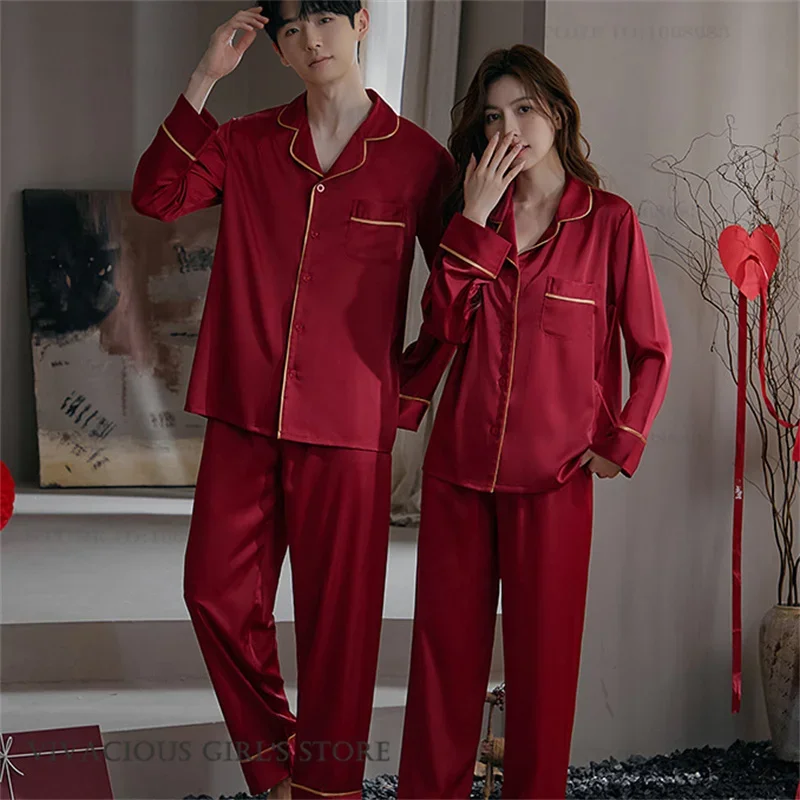 Liebhaber Pyjamas Set Frühling Herbst Neue Langarm Hosen Pijamas Anzug Lose Beiläufige Seide Satin Paar Hause Kleidung Loungewear