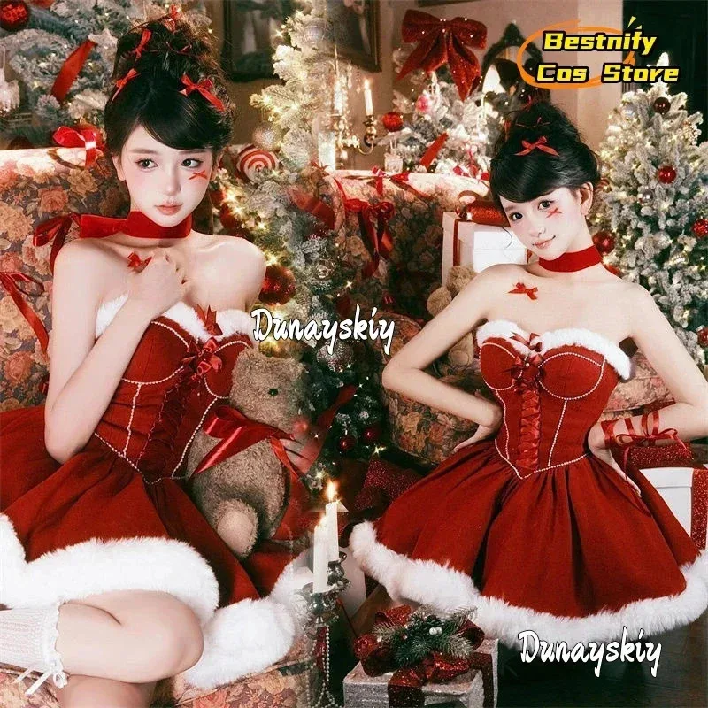 

Платье без бретелек 2025 года, косплей Санта-Клауса KAWAII, зимняя рождественская красная пышная юбка принцессы, рождественское женское праздничное платье