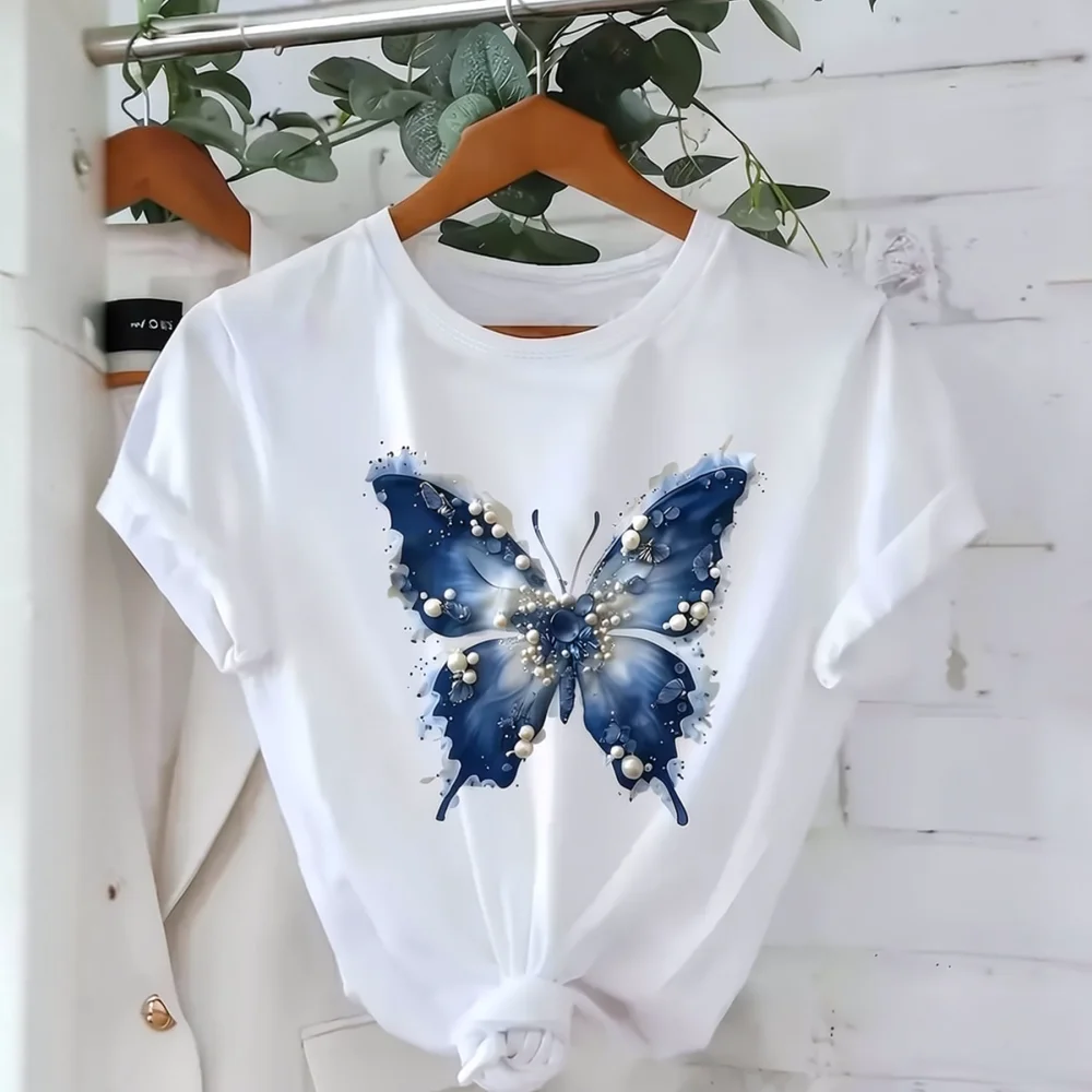 Women Casual Cotton T Shirt Ocean Wave Butterfly Pearl Art Print Graphic Tee Short Sleeve Loose Fit Summer Holiday Tops