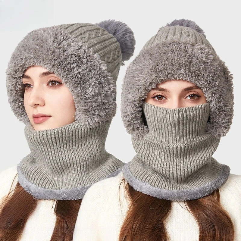 Hot Sale New High Elastic Fashion Solid Color Knitted Hat Scarf Mask One-piece Hat Women's Winter Cycling Windproof Warm Hat