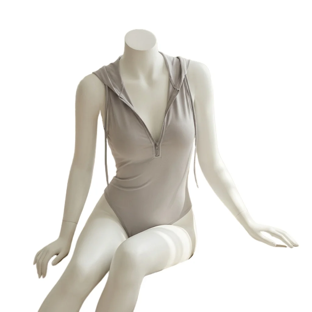 Women's Grey Bunny Ear Hooded Bodysuit Lingerie Set Zip-Front Sleeveless One Piece with Lace Top Thigh High Stockings
