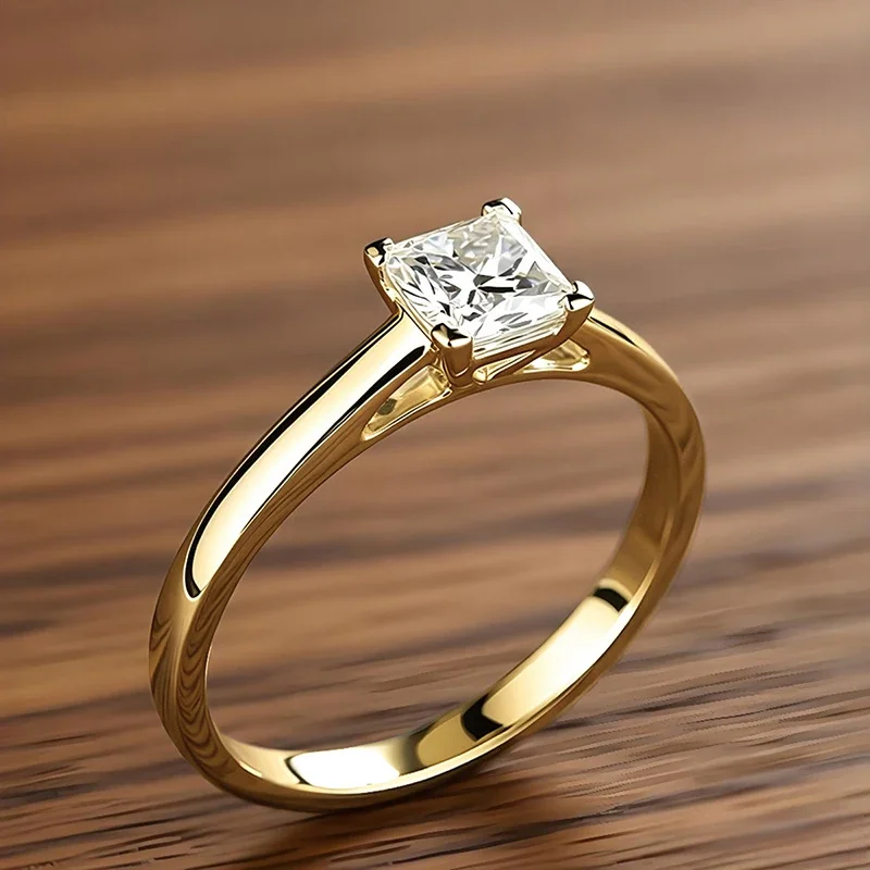 Huitan Stackable Minialist Thin Band Ring with Princess Cubic Zirconia Women Wedding Party Versatile Trendy Accessories Jewelry