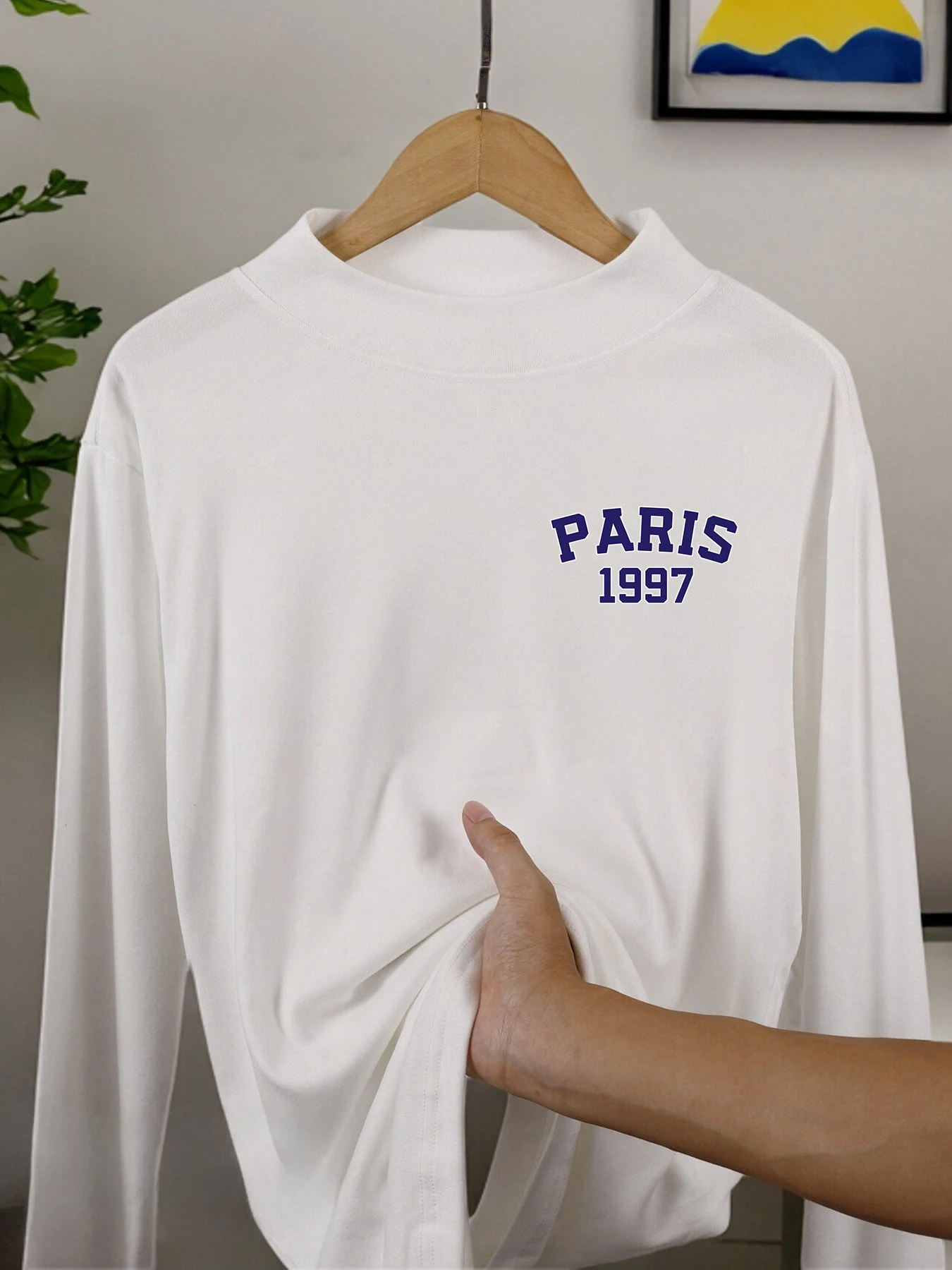 

Paris 1997 Street City Letter Print Men Outdoor Thin Tee Retro Mock Neck Top Autumn Trendy Clothes Unisex Elasticity Long Sleeve
