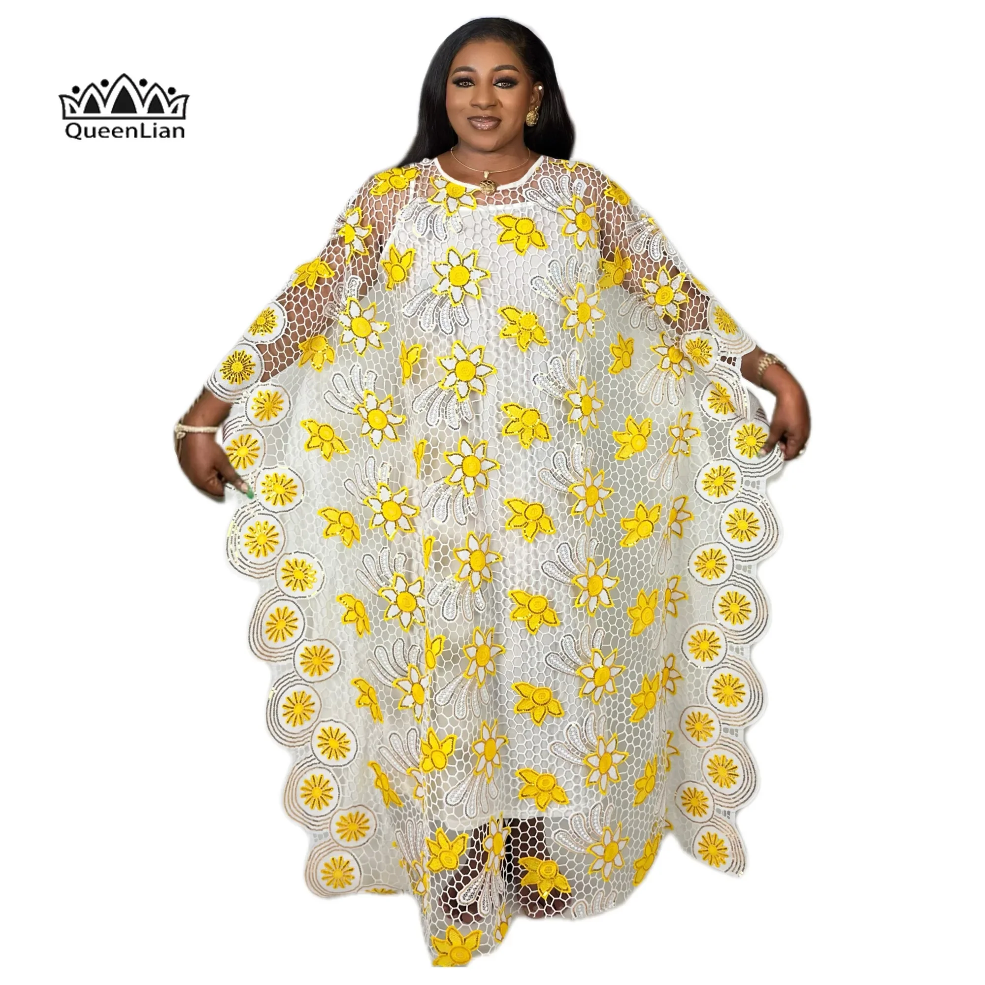 PLus size Elegant Kaftan Dress Women's Sequin Floral Patterned bat Sleeve Round Neck African Dress