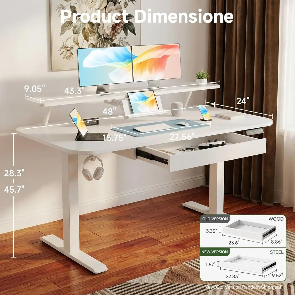 Height-Adjustable 48x24 Inch Electric Standing Desk with Monitor and Laptop Stand, Home Office Desk with Memory Preset, White