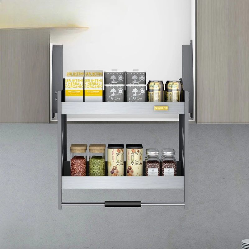 Hanging cabinet lift basket Kitchen drop-down lift seasoning basket Damping stainless steel wall rack