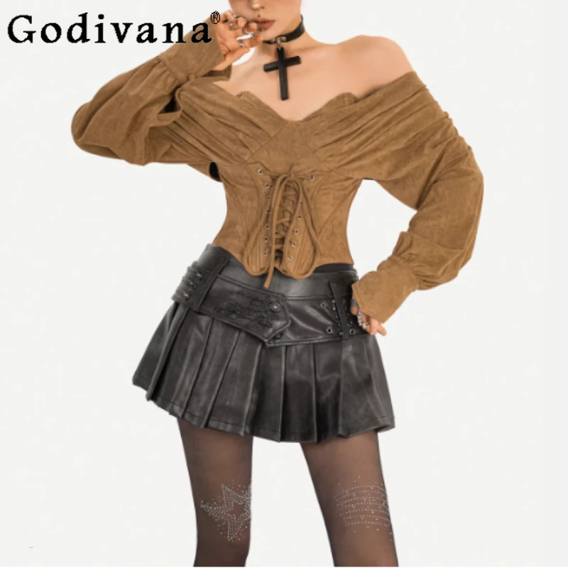 

Весенне-осенняя новинка: женская блузка с вырезом-лодочкой, длинным рукавом, кружевной шнуровкой и эффектом корсета, облегающий топ в стиле ретро