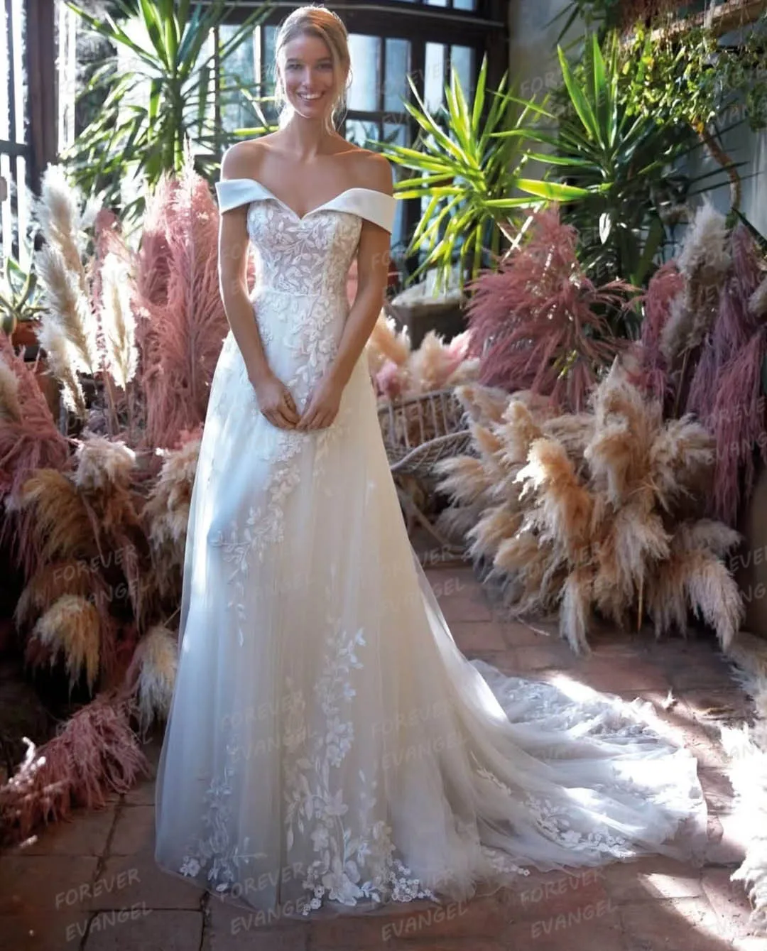 

Boho Appliques Elegant Wedding Dresses A Line Woman Sexy Bride Gowns Sleeveless Off Shoulder Vestido De Novia Elegant Customized