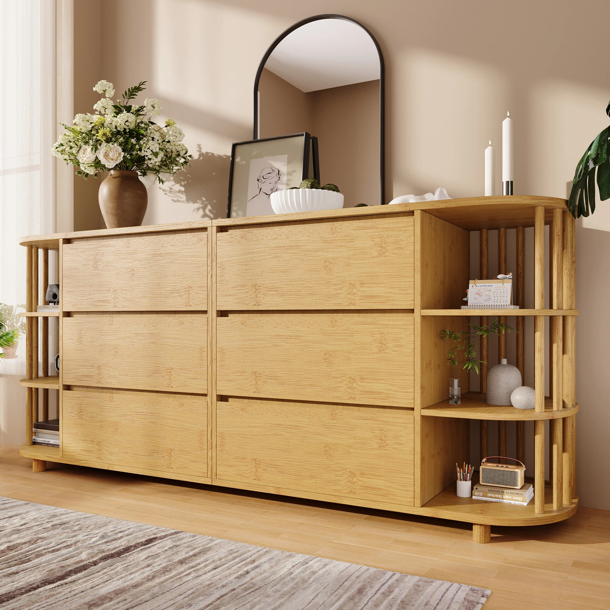 Buffet à 6 tiroirs 160 cm finition chêne, design romain avec piliers et étagères en bambou, pieds réglables, 75H x 160L x 40P cm