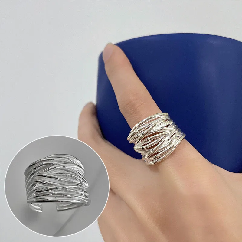 Women's Geometric Line Cross Wrap Open Ring, 925 Silver