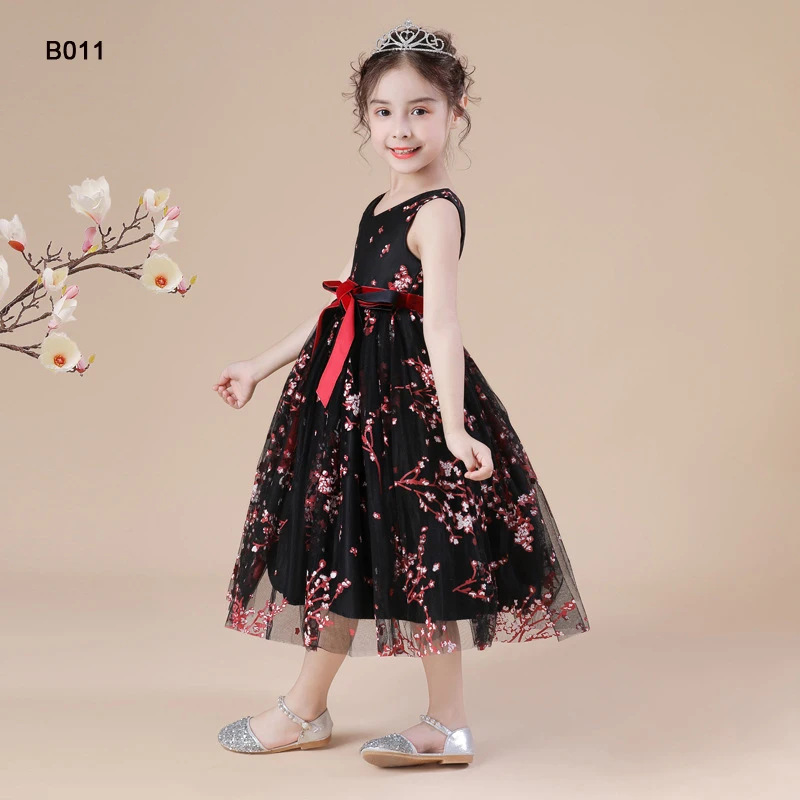 

Jancember B011 Wholsale Elegant Vintage Black And Bgreen Lace Up Flower Print Dress For Kids