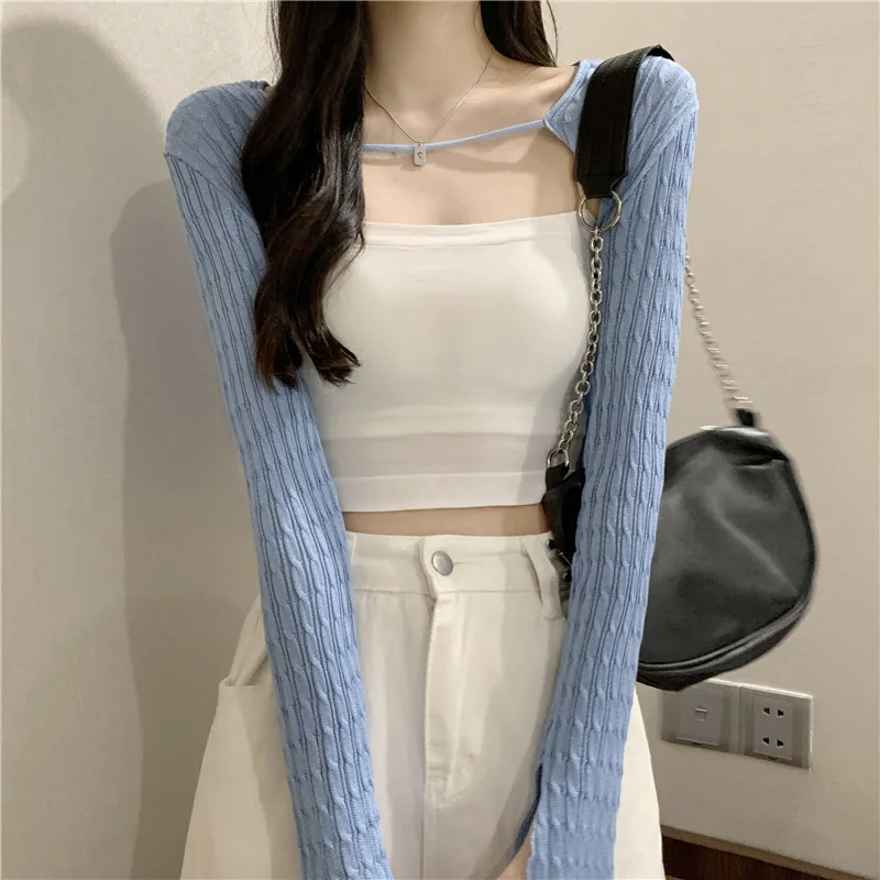 New French Style Camisole Women's Knitted Shawl Top Autumn Outerwear Cover Up Thin Sun Protection Cardigan Long Sleeved Small