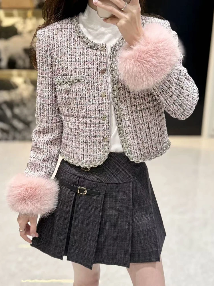

Autumn Winter Fashion Pink Plaid Tweed Short Jacket Women Temperament Diamond Chain Trim O-Neck Long Sleeve Coat for Female