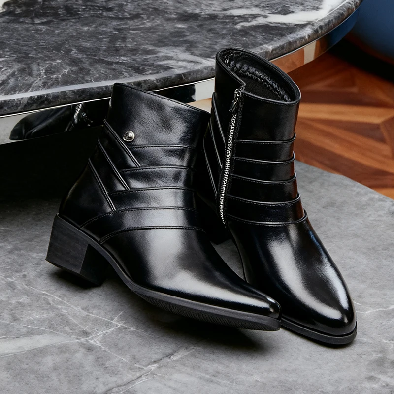 

Men High Heeled Pointed High Top Boots PU Solid Color Fashion Classic Banquet Men Boots