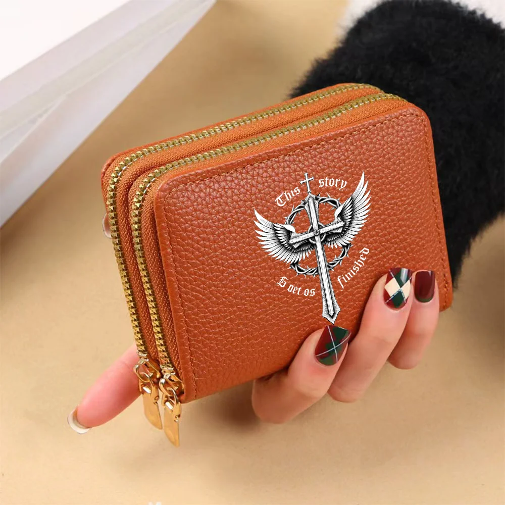 Ladies' PU Leather Short Wallet with Cross Wing Pattern Double Zipper Coin Pocket, New Fashionable Ladies' Style