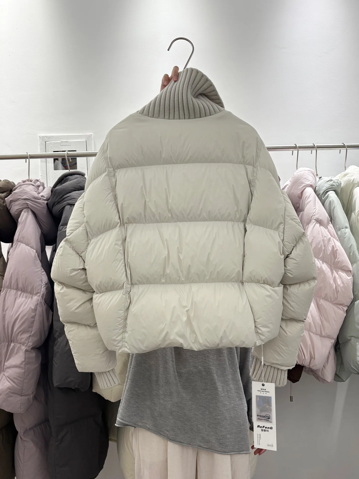 Women's Short Down Coat Knitting Spliced Stand Collar Puffer Jacket Winter Single Breasted Loose Casual Chic Thick Warm Overcoat