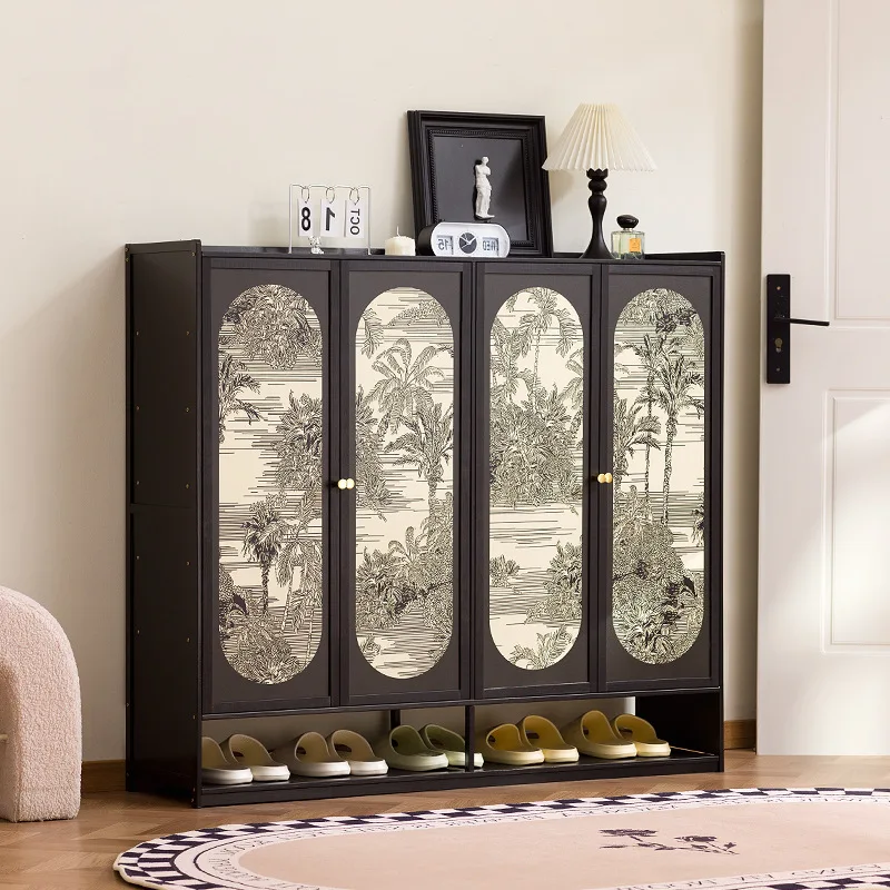 Mid ancient style home multi-layer shoe cabinet, retro style plant painting decoration door shoe cabinet, doorstep shoe cabinet