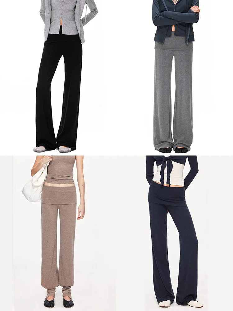 Women Fold Over Waist Knit Pants Solid Color Low Waist Flared Trousers Slim Fit Casual Soft Female Long Pants Streetwear