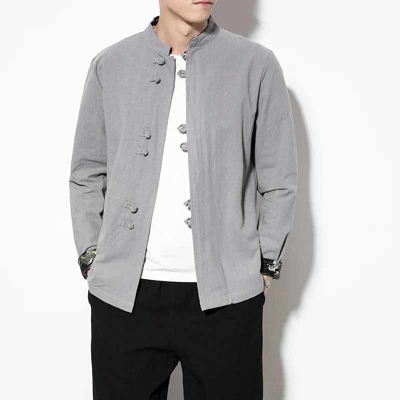 Men Shirts Cotton Linen Tops Tang Suit Chinese Style Long Sleeve Casual Shirt Kung Fu Traditional Clothes Multi Colors RetroZ296