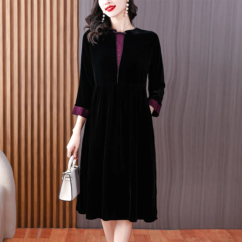 

Autumn Vintage Silk Velvet Dress for Women 2023 New Fashion Round Neck 9/4 Sleeve Loose Fit Holiday Party Dress Vestidos