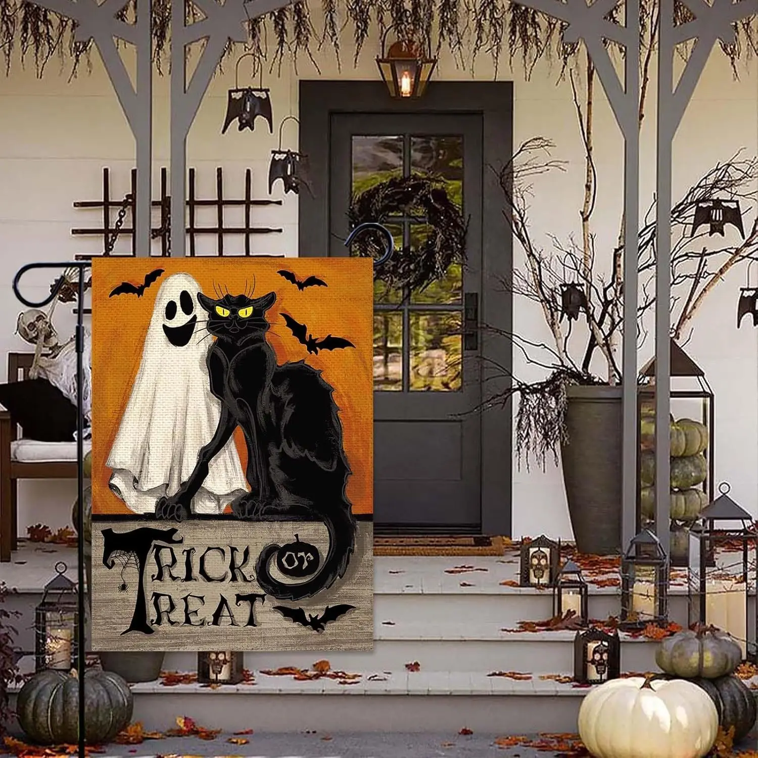 Baccessor Halloween Ghost Garden Flag Black Cat Spooky Trick Or Treat Double Sided Burlap Ghost Yard Flag Holiday Seasonal Outdo