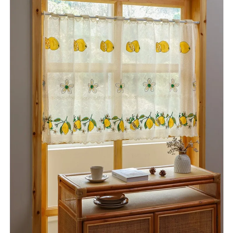 American Style Farmhouse Floral Embroidered Kitchen Curtain Short Sheer Cafe Curtain Rod Pocket Transparent Half Home Decor