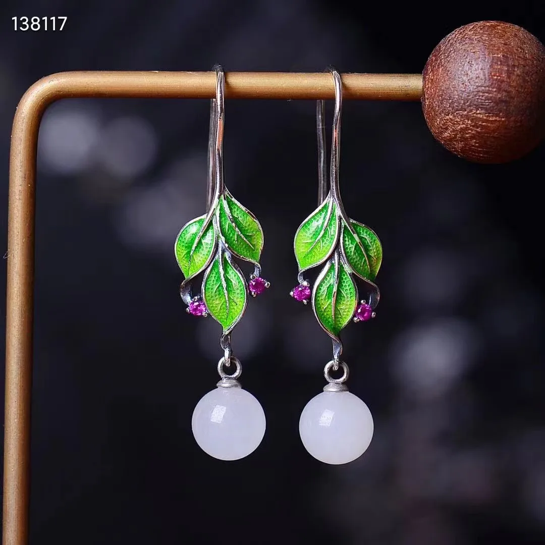 Natural 100% real 925 sterling silver leaf earrings mosaic white hetian jade beads fashion Earrings temperament women gift