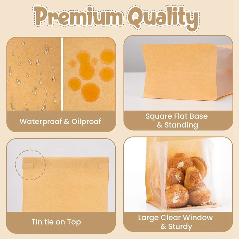DTA5 Bread & Cookie Bags with Tin Tie Seal, 50 Pack, Small Size, Bakery Bags with Window, for Pastry Bagels Treats Cookies