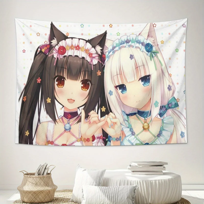 VIKAMA Mural Adorable de Pared con Diseño de Chica Anime con Orejas de Gato y Doble Corazón en Tonos Rosa y Azul para Decoración de Dormitorio Otaku