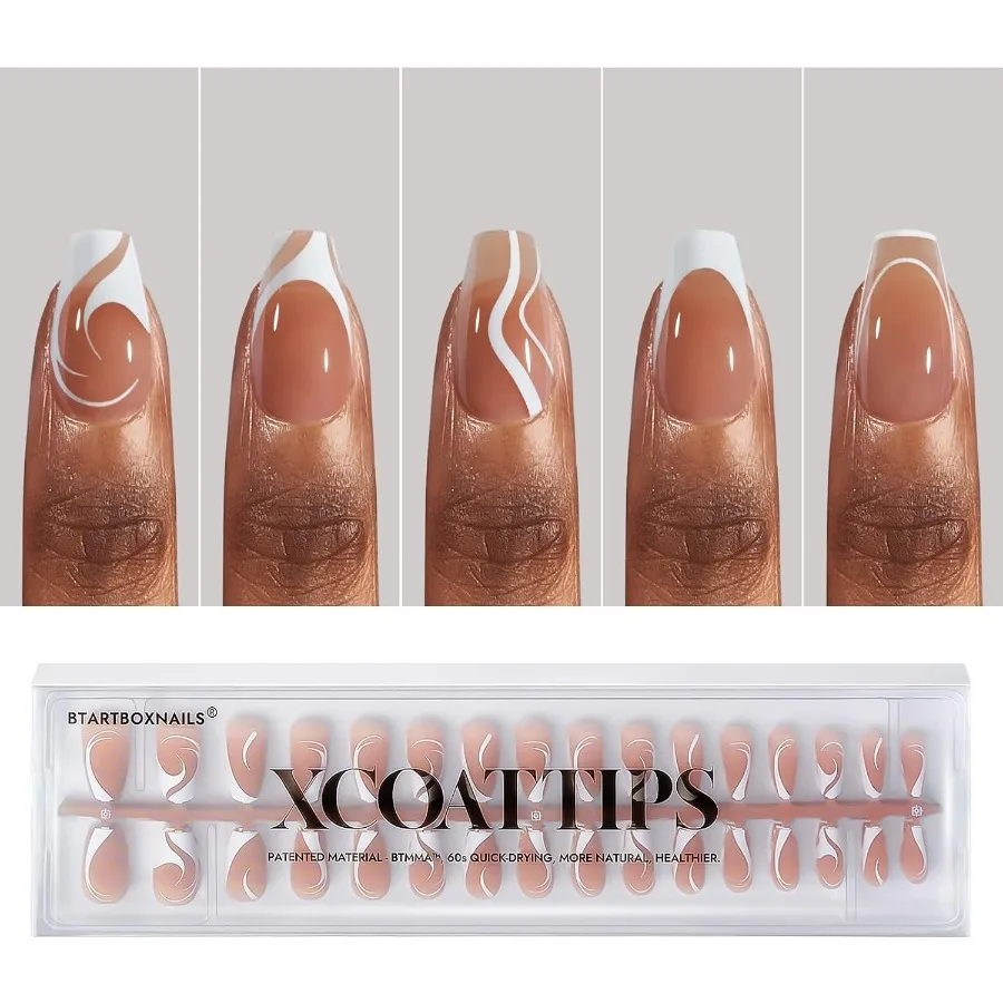 

French Tip Press on Nails 5 Styles Short Coffin Nails PreDesigned Swirl Soft Gel Nail Tips for Nail Art Ultra Fit False Nails w