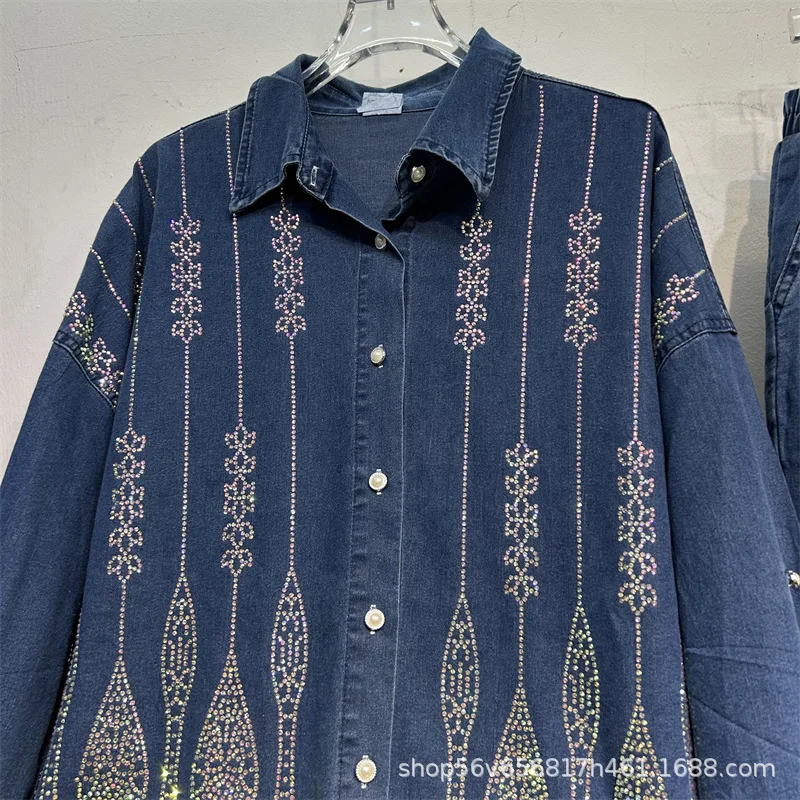 أطقم الدنيم النسائية العصرية الفاخرة الماس فضفاضة طويلة الأكمام بالأزرار معطف + مرونة الخصر عادية واسعة الساق السراويل المستقيمة