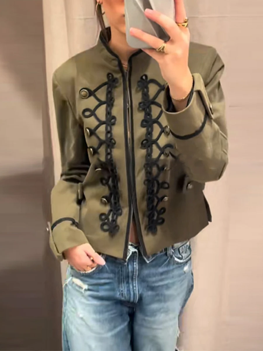 TWOTWINSTYLE Solid Loose Spliced Embroidery Jackets for Women Stand Collar Long Sleeve Vintage Design Jacket Female Summer New