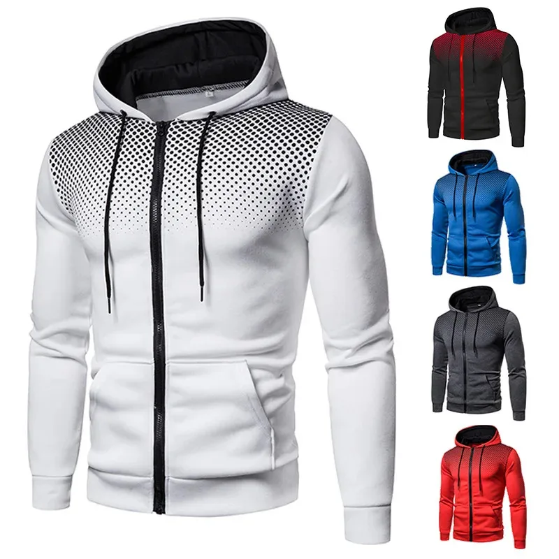 Herren-Kapuzenpullover mit Reißverschluss, Tasche, Polka Pot-Aufdruck, Kapuzen-Sweatshirt, Sport, Outdoor, lässig, schmale Passform, Herren, Frühling, Herbst, Reißverschluss-Hoodie