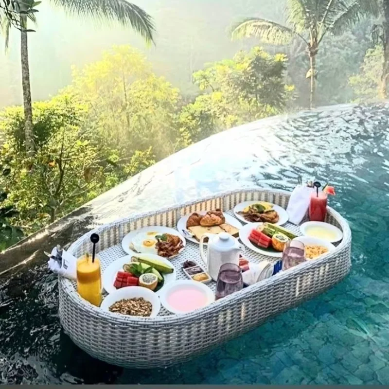 Rattan storage trays, rattan floating trays with handles, swimming pool adult breakfast trays