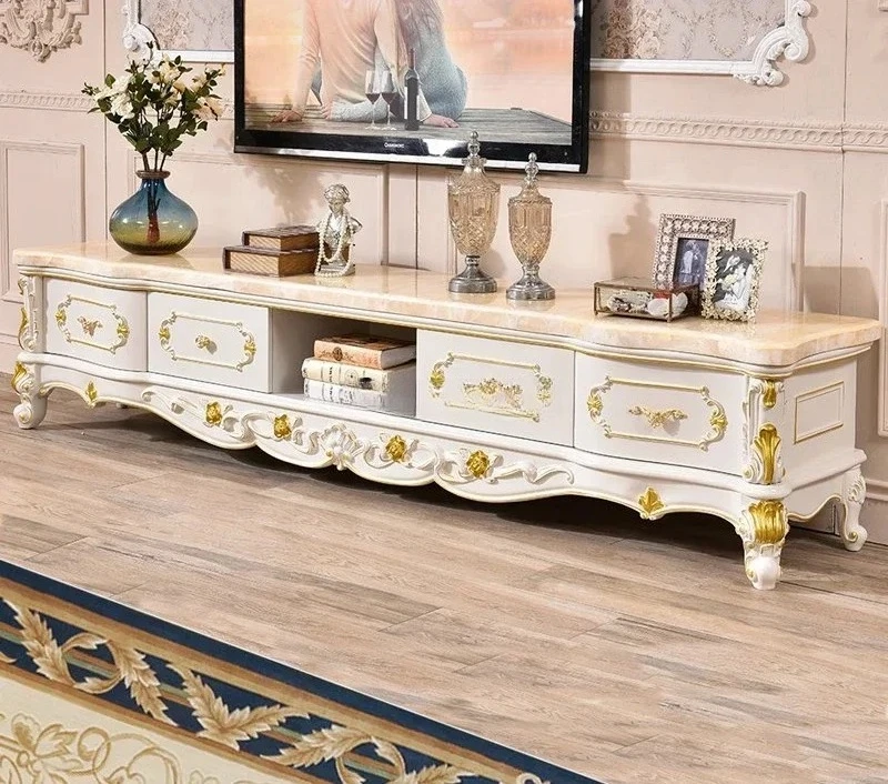 A  European TV cabinet living room marble ivory white solid wood carving flower floor cabinet