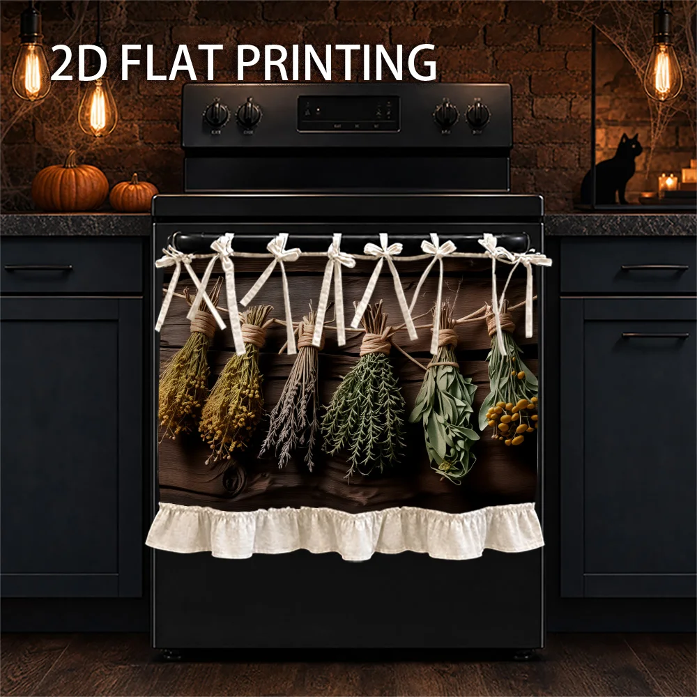 1PC kitchen stove curtain, cabinet curtain and apron. Designed with 2D graphics and printed with dried herb bunches. Use as a st